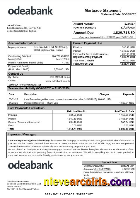 Turkish Odeabank bank mortgage statement